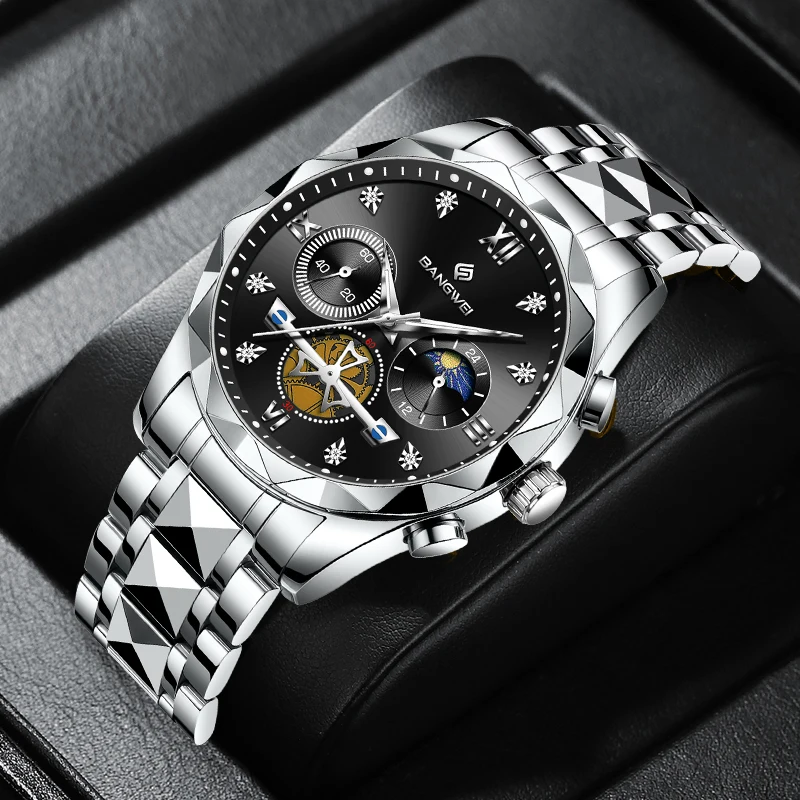 BANGWEI LIGE Original Luxus Herrenuhr Einzigartige Mode 24-Stunden-Mondphase Leuchtende Casual Sport Edelstahl Wasserdichte Uhren für Männer