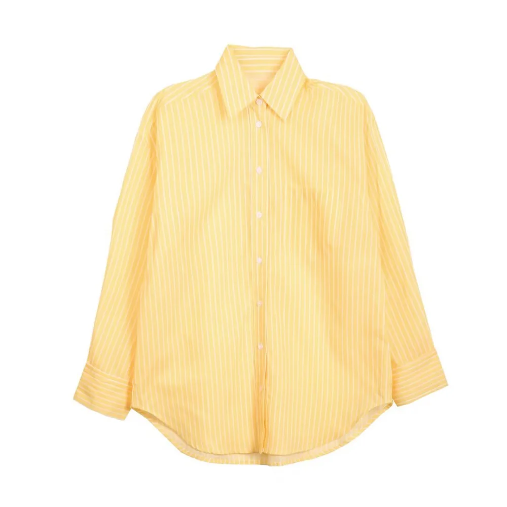 

UNIZERA women's loose fitting top with collar long sleeved buttons striped pockets spring and summer new style temperament sh