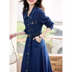 Lapel Denim Dress for Women Spring and Autumn New Style Retro Commuting Temperament Waist Slimming Denim Skirt with Pockets