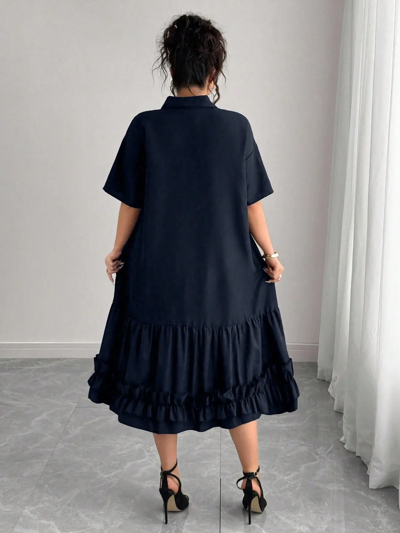 

Plus Size Casual Shirt Dress With Ruffle Hem Navy Blue