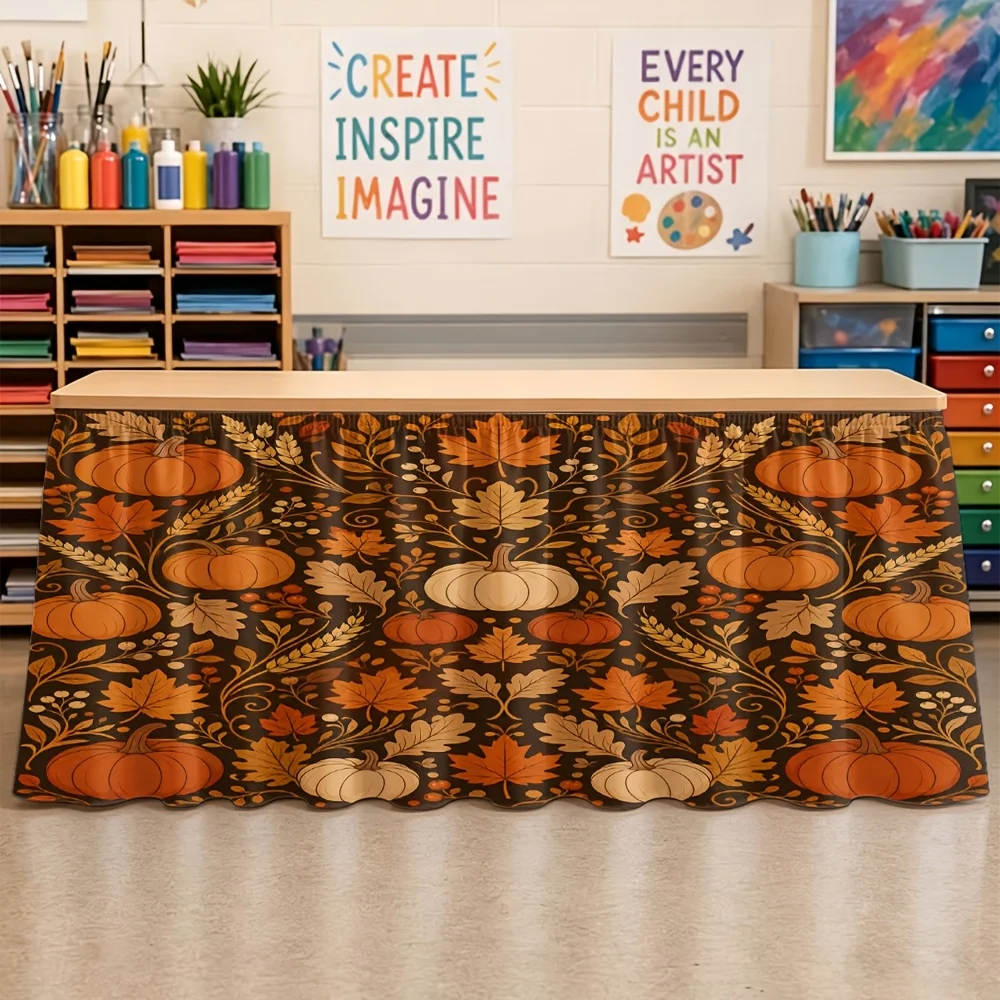 Halloween, Christmas, back-to-school season, party table skirts, items with prints such as pumpkin, maple leaf, and wheat.zyc