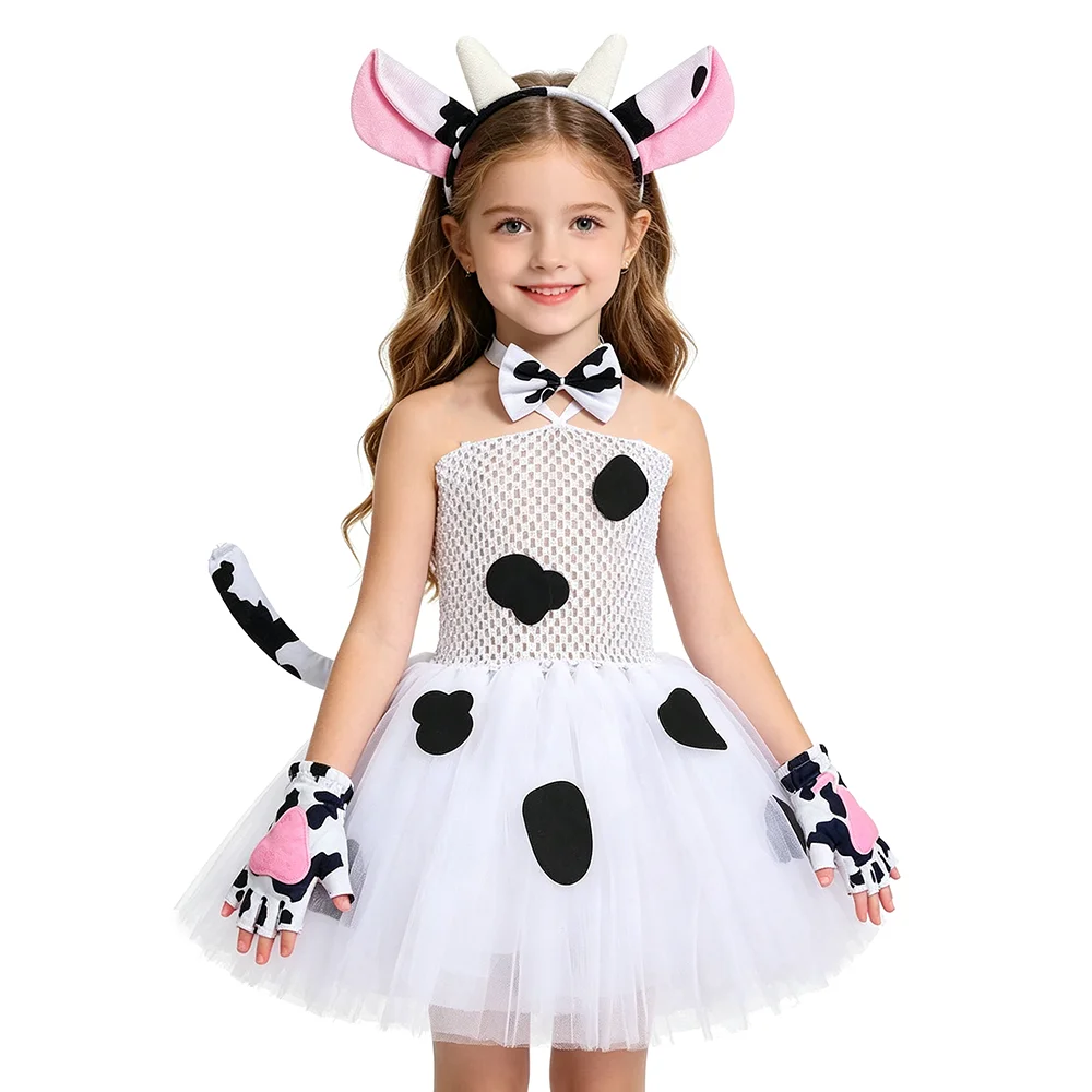 Kids Milk Cow Tutu Dress with Ears Bowtie Tail Girls Animal Dairy Cattle Costumes Set Children Halloween Carnival Diguise Outfit