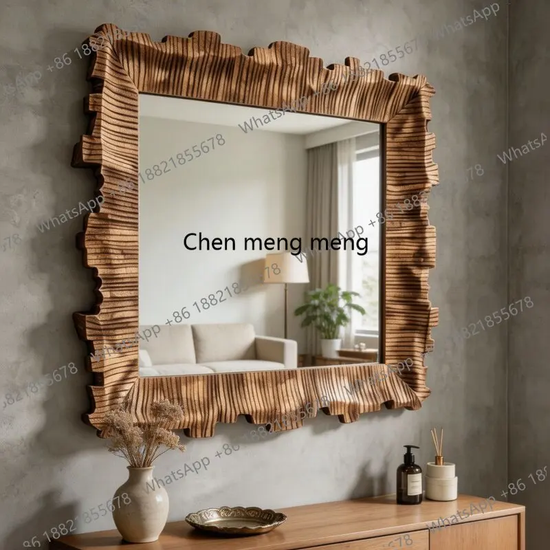 Wabi-sabi wind rattan wavy edge decorative mirror household entrance bedroom wall hanging mirror decorative mirror