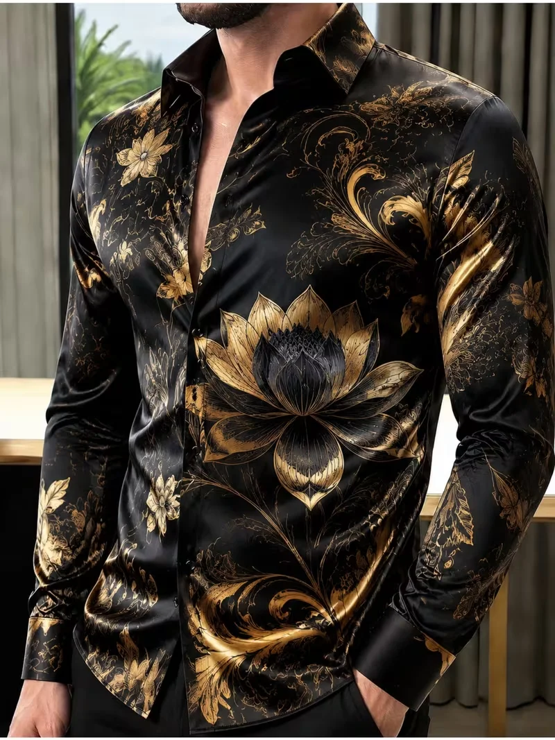 Men Casual Long Sleeve Shirt Shiny Satin Golden Floral Design Turn‑down Collar Button‑down Outdoor Daily‑outing Top