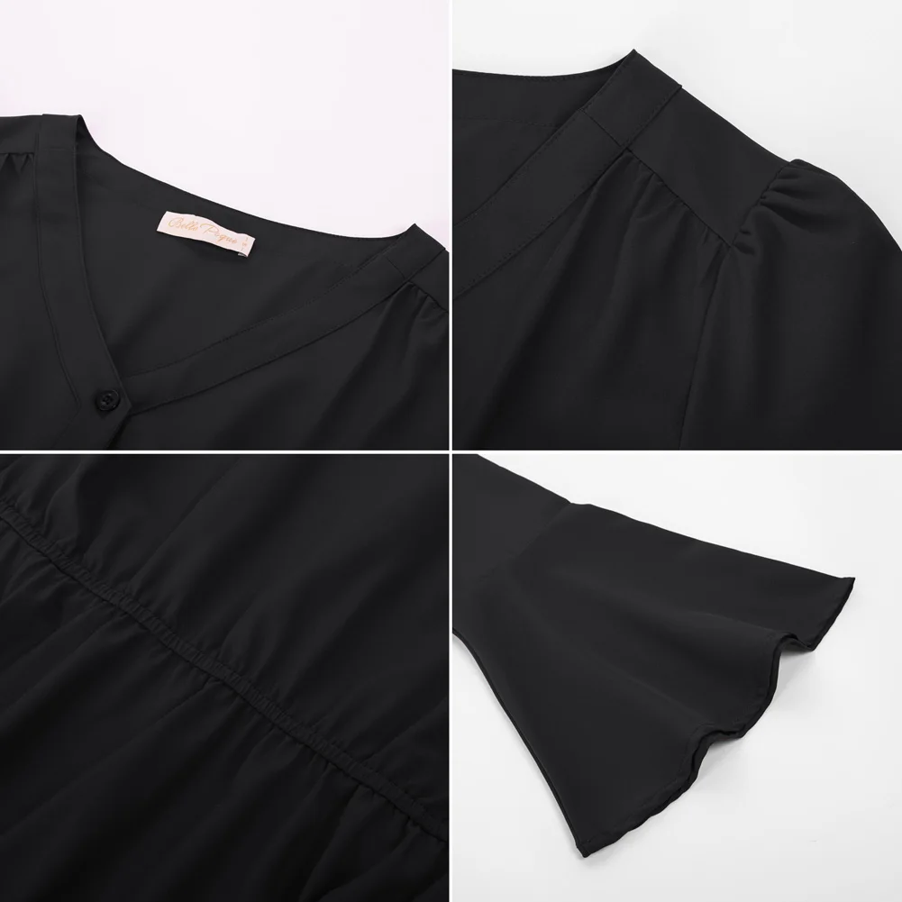 BP Women Vintage Irregular Hem Shirt Long Sleeve V-Neck Button-up Tops Summer Thin Blouse Elegant Office Lady Workwear A30