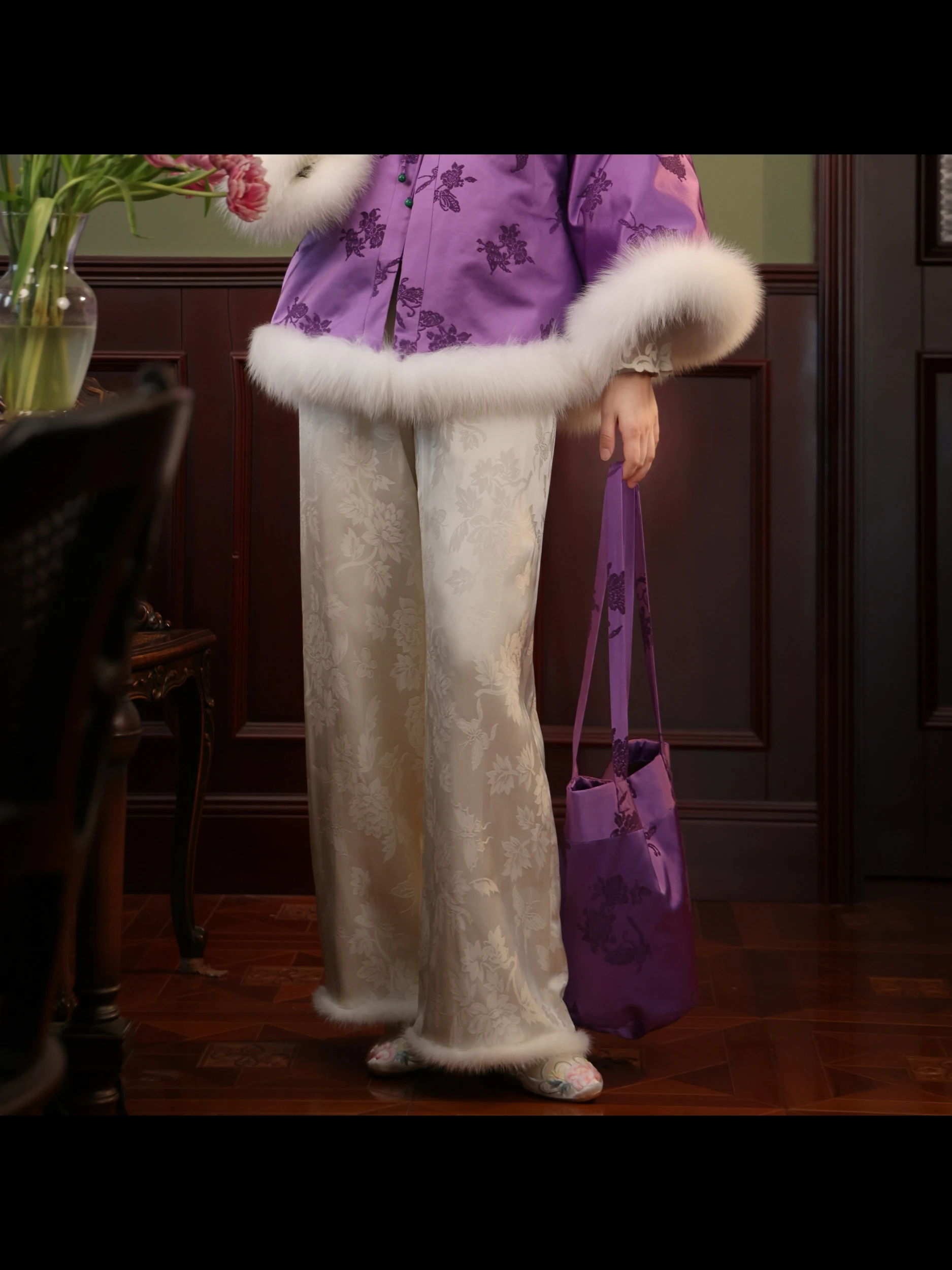 

Winter Floral Embroidery Cotton Underwear Pants High Waist Straight Leg H-Shape Chinese Style Qipao Base Layer Trousers
