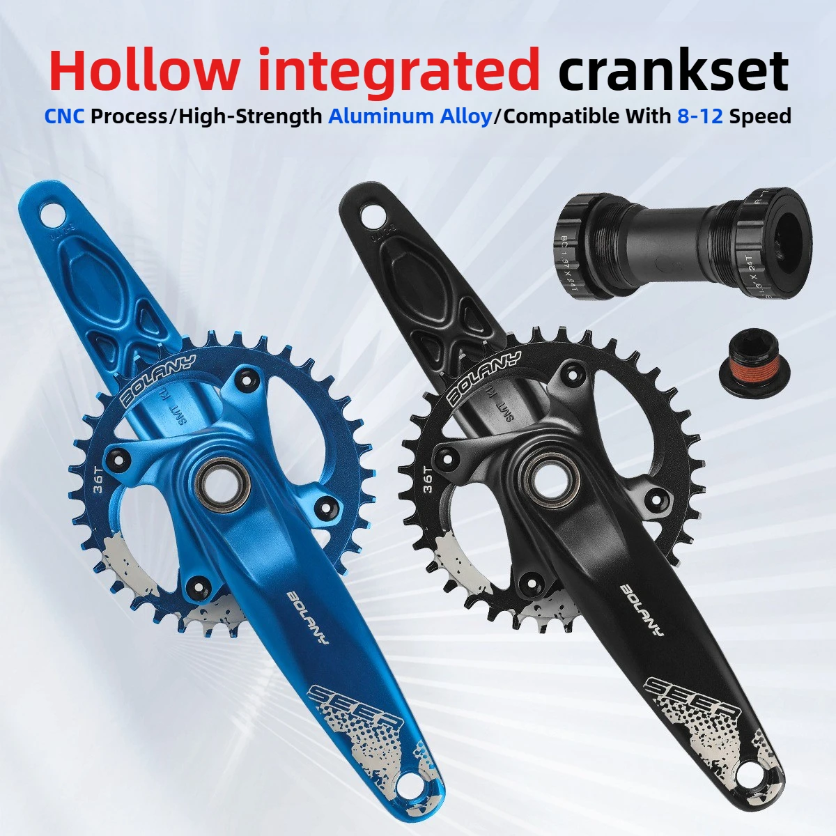 Bolany MTB Hollow Integrated Crankset with8-12Speed 36T Positive & Negative Tooth Chainring, Integrated Crank for MTB&Road Bikes