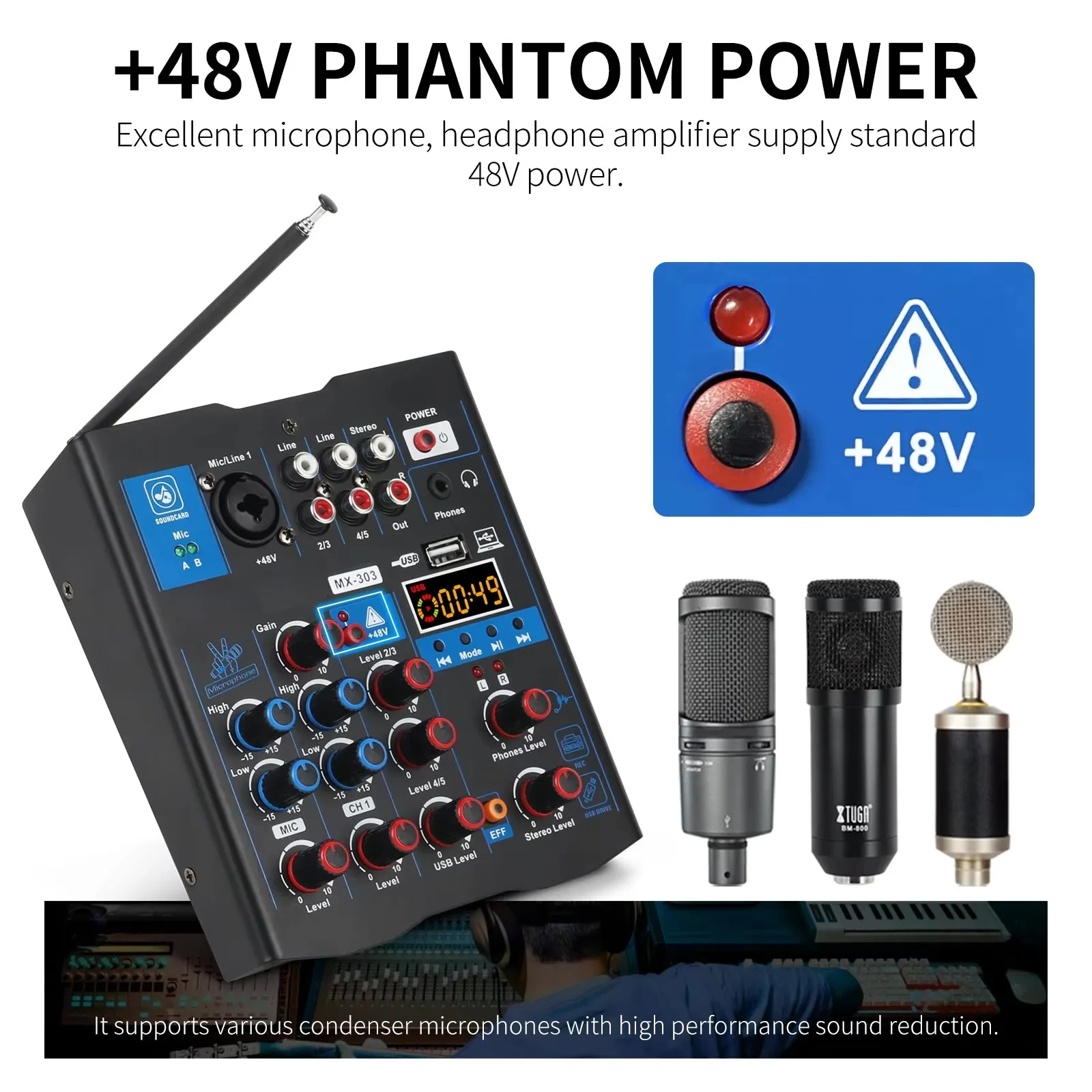 BT sound card 4 channels  mixer home stage performance live recording  Audio mixer with 2 handheld Mic