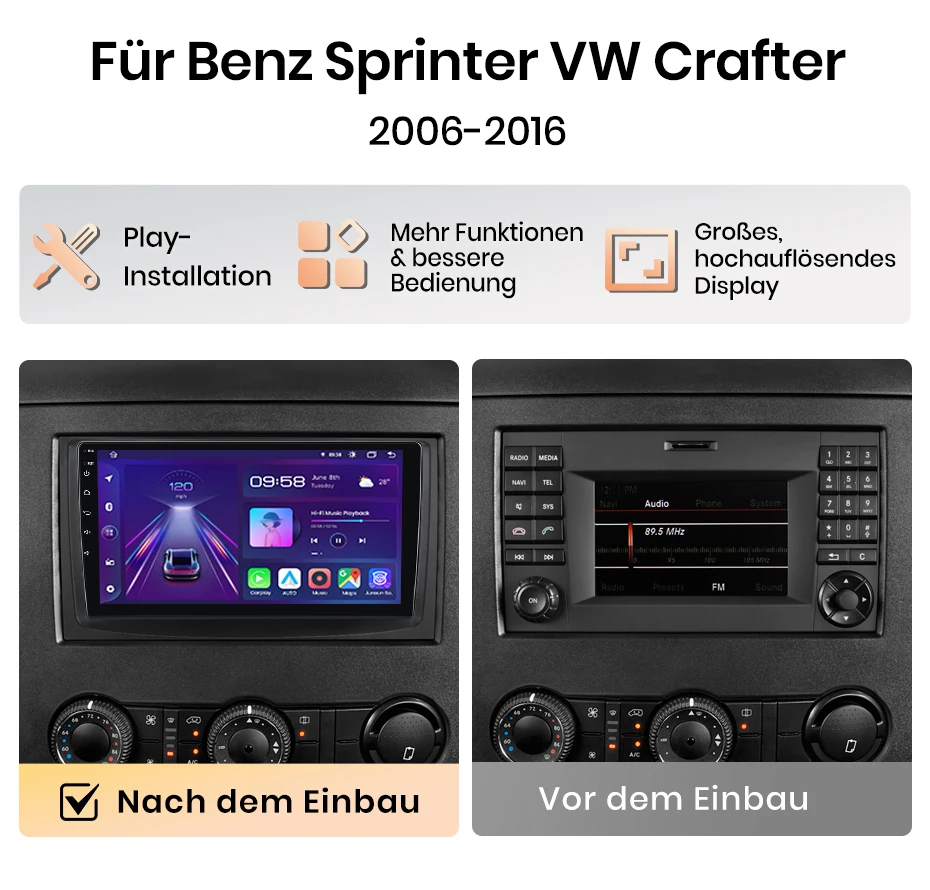 Junsun 9-Zoll Android 15 Autoradio für Mercedes-Benz Sprinter und Volkswagen Crafter 2006-2016, kabelloses Apple CarPlay, IPS-Bildschirm, Stereo-Multimedia-Videoplayer, intelligentes Auto-Infotainmentsystem, 2-DIN-Autoradio-Haupteinheit, GPS-Navigation, BT, 4G, WLAN, FM, AM, DSP, RDS – Detail 3