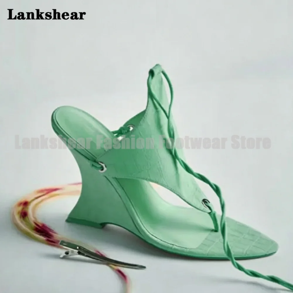 Sandalias de cuña con cordones y estampado de cocodrilo verde menta, con atado al tobillo, tacones de cuña modernos, sandalias de verano para mujer, zapatos de mujer, sandalias de mujer verano