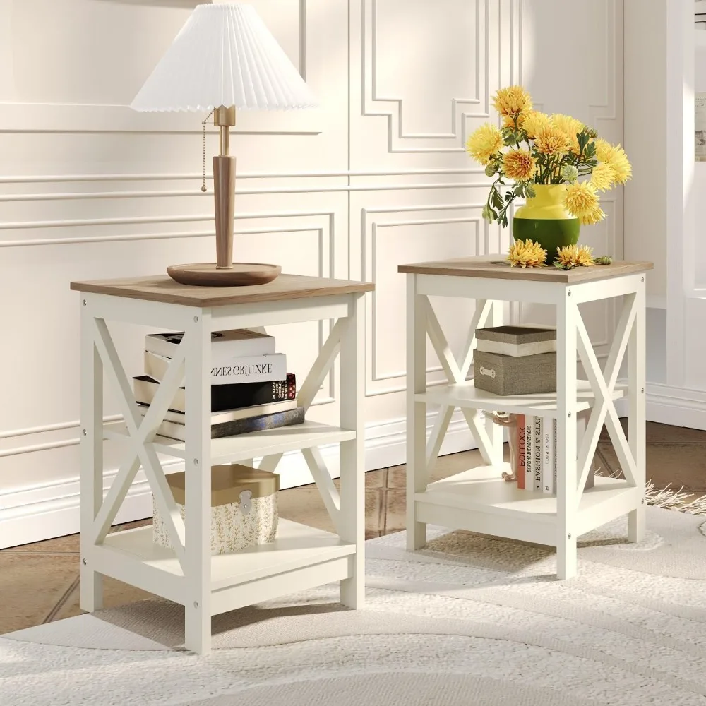 Two-Piece Wooden 3-Tier Sofa Side Table Set with Storage Shelves and X-Design Nightstand Bedside Tables