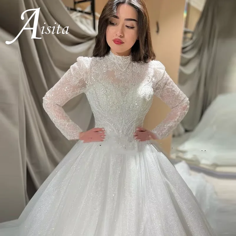 Vestido de Novia de Lujo 2025, Cuello Alto, Mangas Largas, Apliques de Encaje, Lentejuelas, Vestidos de Novia Personalizados
