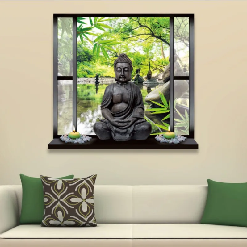 Lifelike Walls Art Buddha Statue Vinyl Window View Garden Clear Water Mural Stickers Aesthetic Living Room for Home Decoration