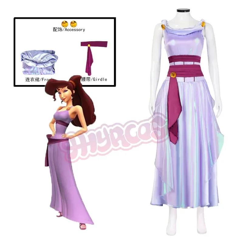 25COS Costume de Cosplay de Princess Megara Meg pour Women, 3 Pieces, Purple Dress, Halloween Carnival Party Uniform