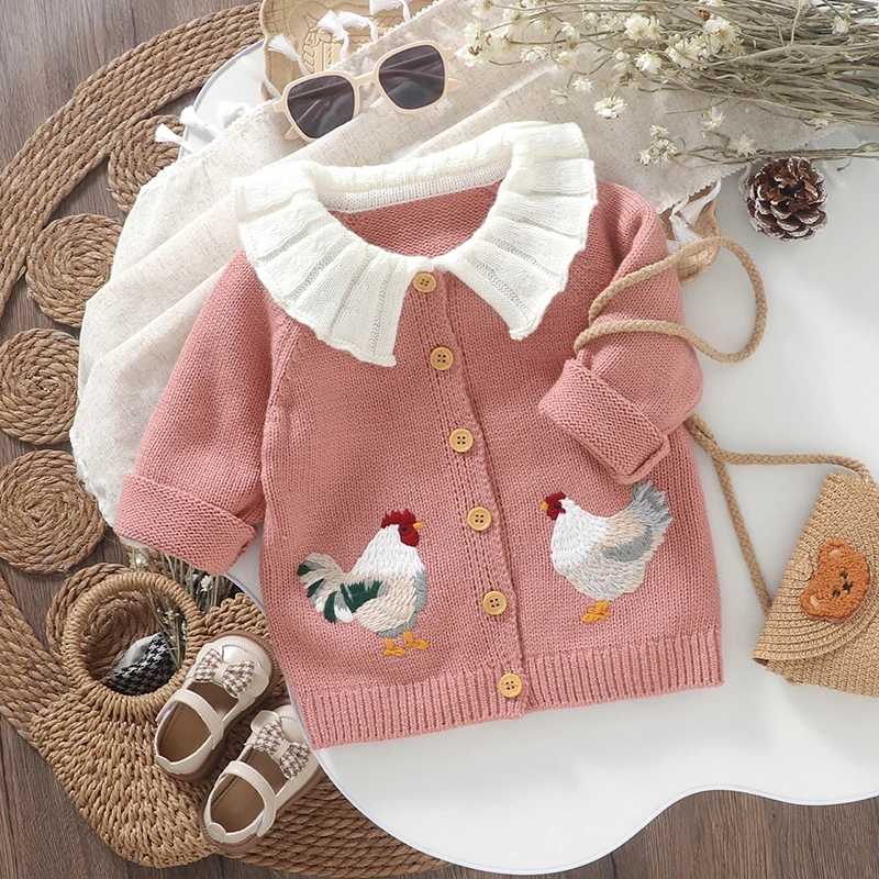 Motlapol Toddler Baby Girl Sweater Cardigan Doll Collar Long Sleeve Chicken Print Button Down Knit Jacket Fall Winter Clothes