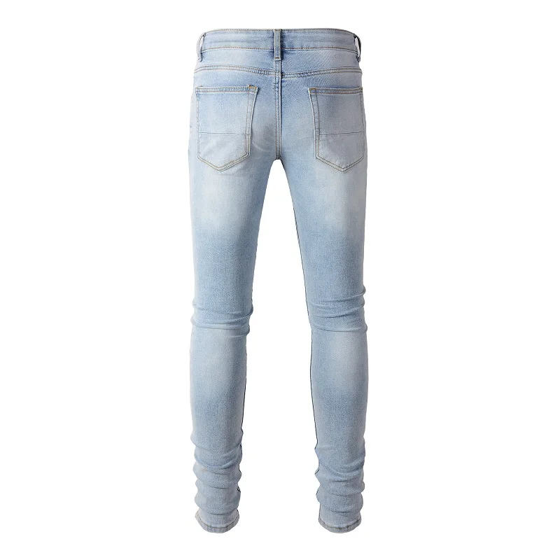 No Brand Tags Classic Distressed Blue Holes Leather Ribs Patchwork High Quality Stretch Skinny Ripped Jeans Men