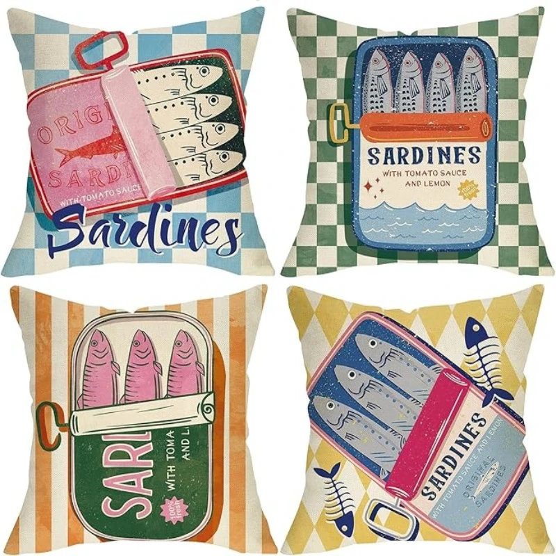 Decorative throw pillow covers set of 4 sardine vintage nautical fish kitchen decor cushion pillows for home