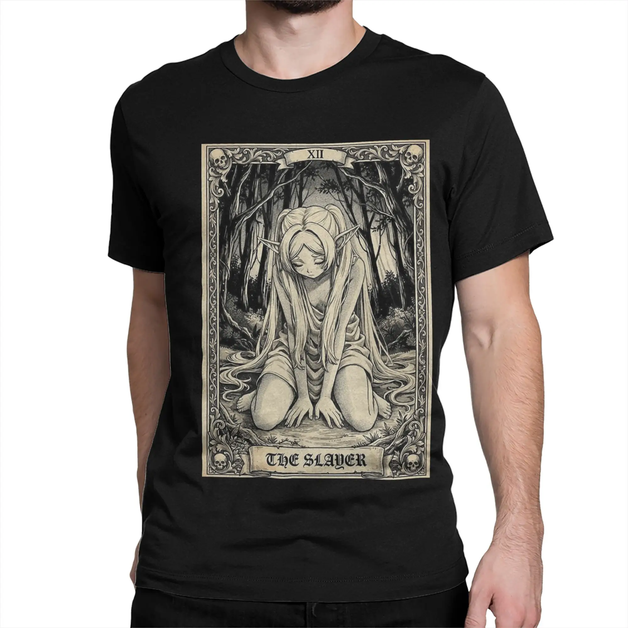 Vintage Frieren The Slayer Tarot Card T-Shirt Men Women's O Neck Pure Cotton T Shirt  Short Sleeve Tee Shirt Graphic Tops