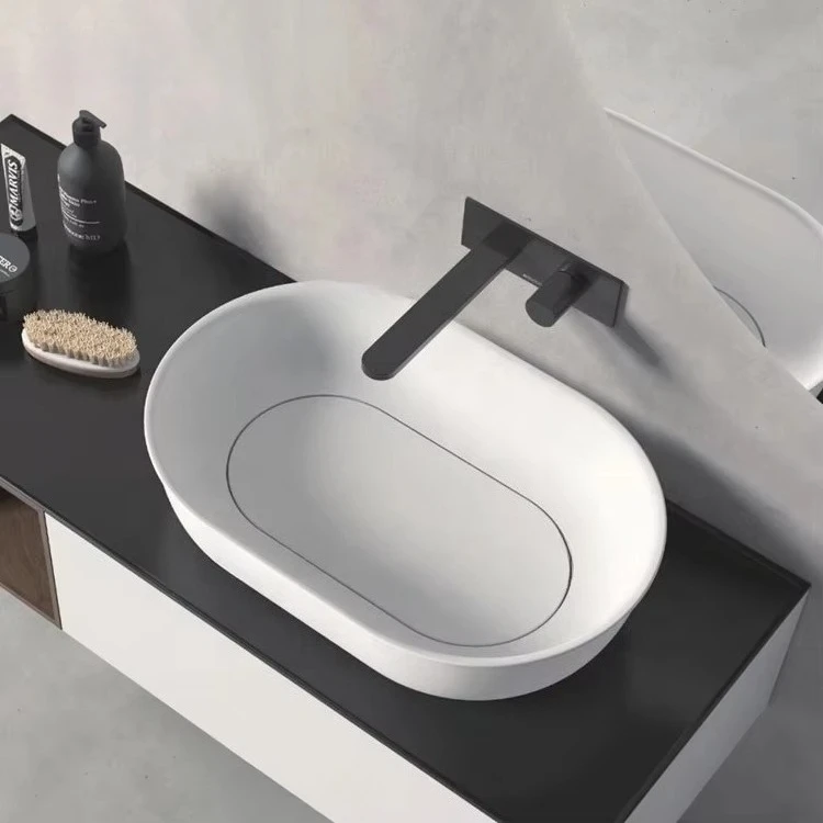 

White Matt Solid Surface Sinks Thin Edge Artificial Stone Wash Basin Resin Bathroom Sink Cast Stone Washbasin