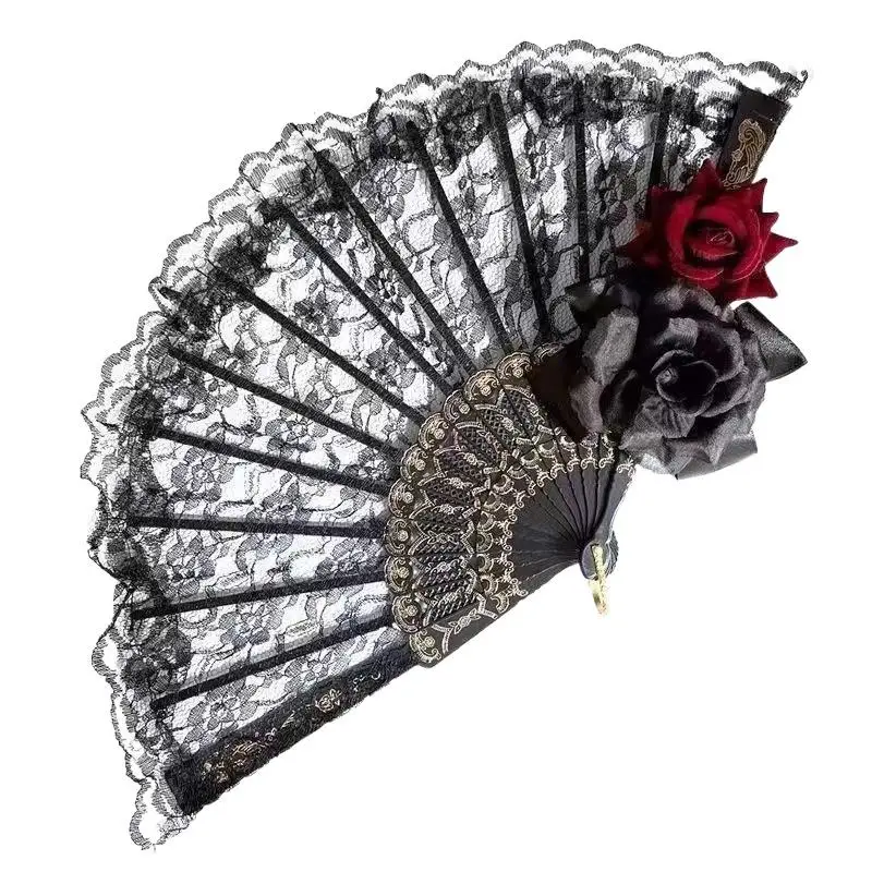 Lolita Gothic Fan Viktorianische weibliche Spitze Handfächer Vintage Schwarz Weiß Rot Rose Bambus Fans Cosplay Halloween Party Supplies