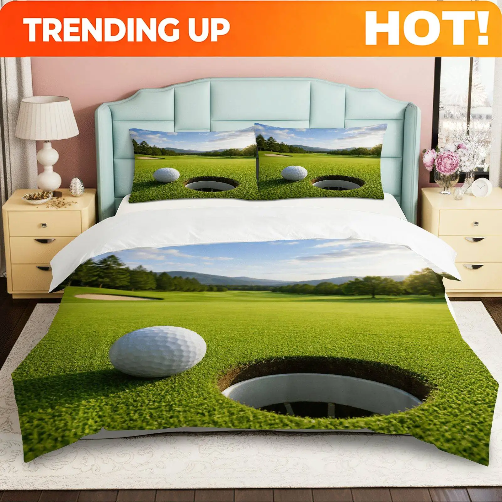 Customize 3pcs Duvet Cover Set, 1 Duvet+2 Pillowcases( Without Filler), Golf Course Scenic Sport Leisure Relaxation Theme, Fathe
