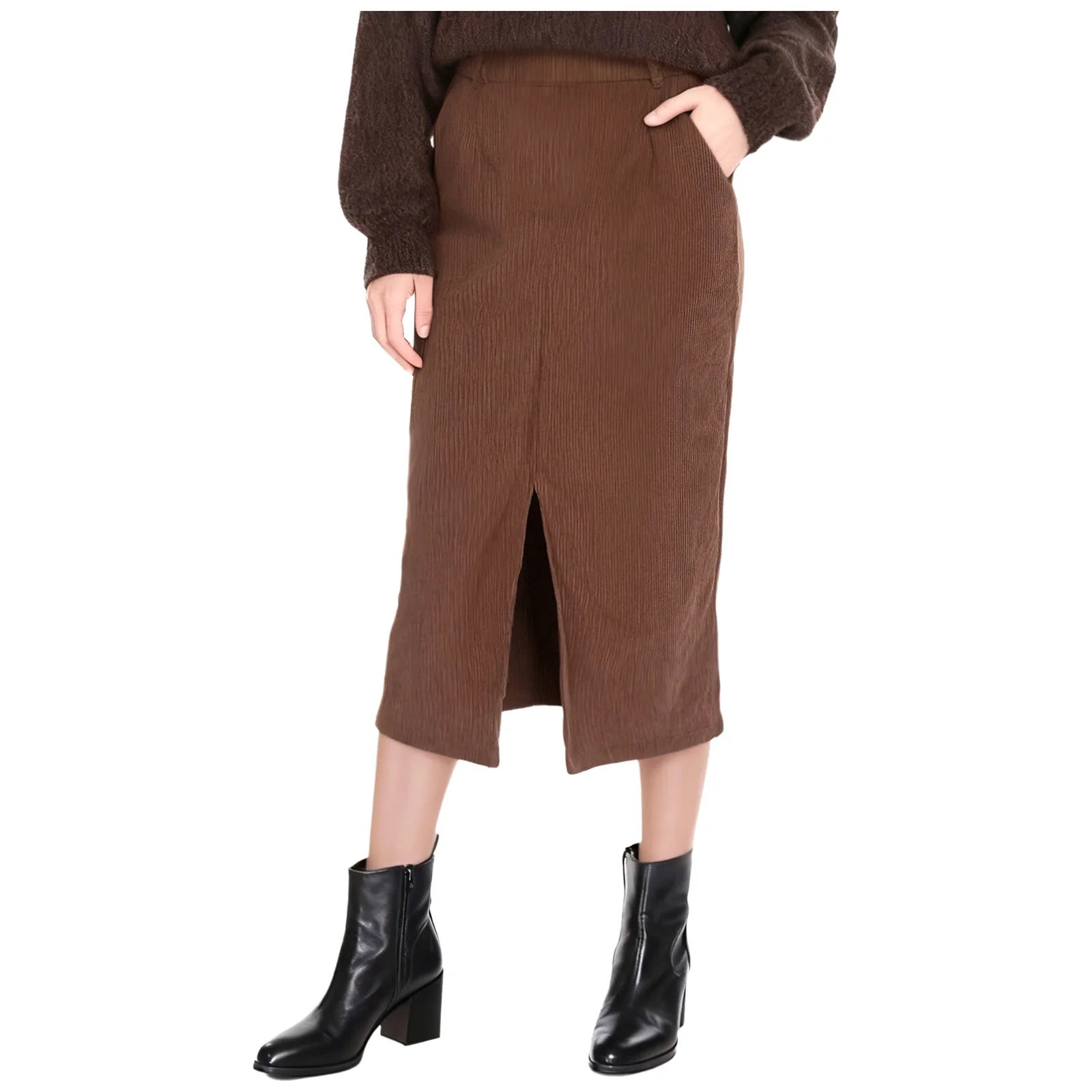 ペンシルスカート ファッション レディース ヴィンテージ コーデュロイ ハイウエスト フロントスリット ミディ丈スカート オフィスワーク デイリーカジュアル服