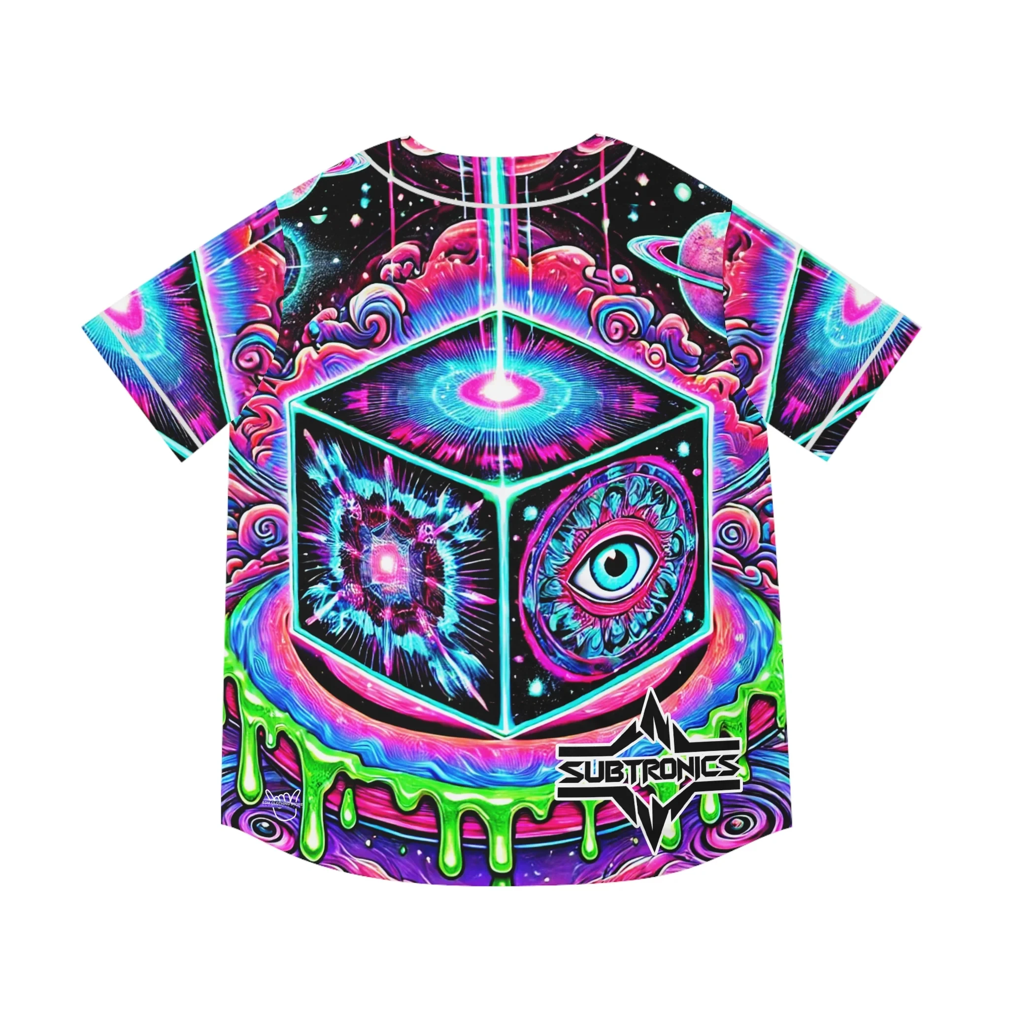 2026 Psychedelic Cube Print Baseball Jersey, Cosmic Art Style. Button Shirt, Great for Music Events and Outdoor Parties.