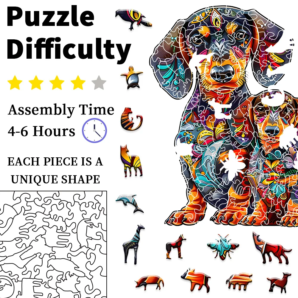 Puzzle en bois en forme d'animal irrégulier pour adulte, jouet de famille de chien de saucisse, boîte en papier exquise, cadeau unique, art de puzzle