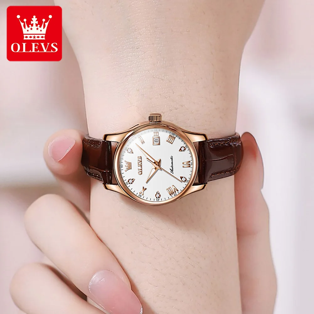 OLEVS 2023 New Automatic Winding Women Watch Genuine Leather Waterproof Date Mechanical Wristwatch Ladies Relogio Feminino