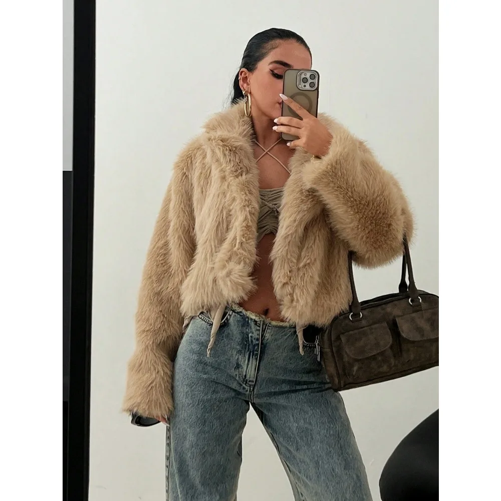 معطف فرو شتوي للنساء جاكيت من فرو الثعلب الصناعي جديد سميك دافئ بأكمام طويلة سترة مقصوصة وطية صدر السترة ملابس تصميم ملابس الشارع الشهير