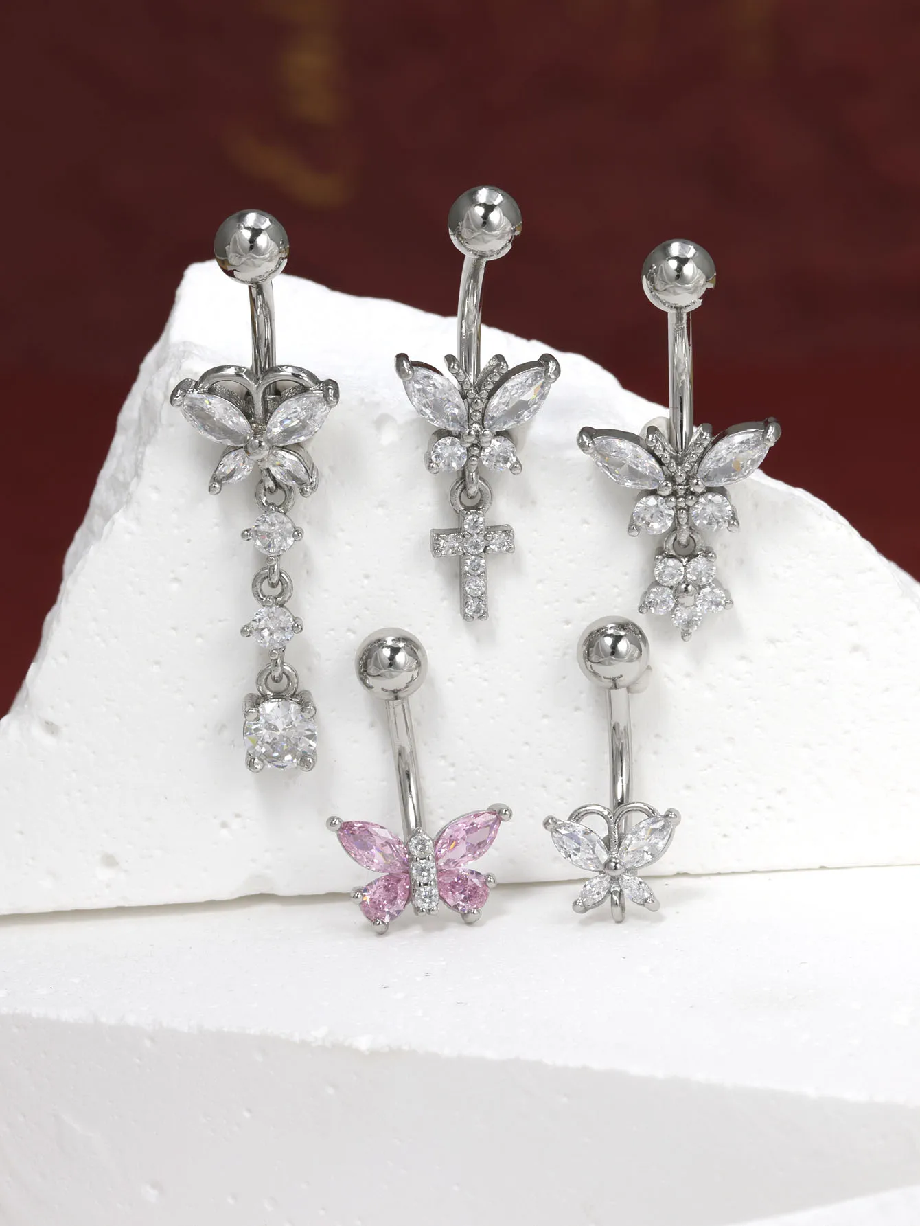 Butterfly Dangle Belly Button Ring Surgical Steel Navel Rings Pink Zircon Umbilical Ring Hypoallergenic Tummy Ring  Piercing