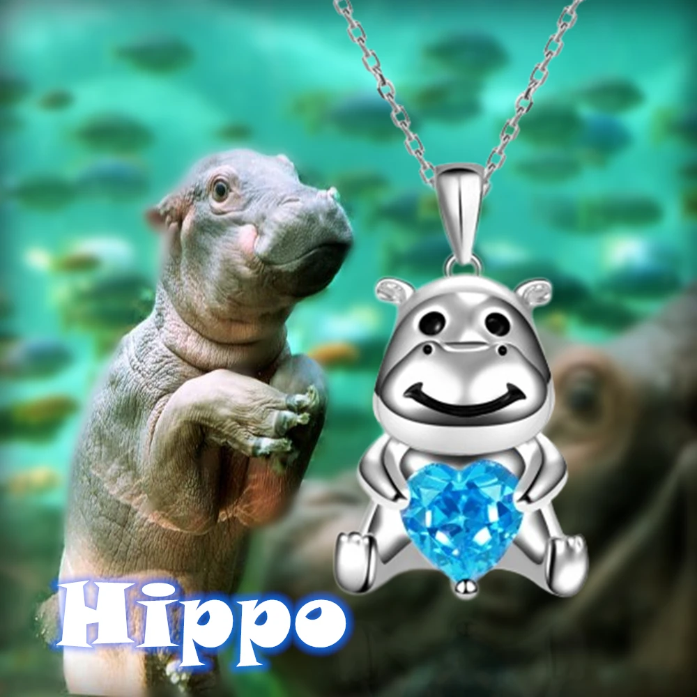 Creative Holding Heart Blue Crystal Hippo Pendant Necklace for Women Cute Animal Lady Party Jewelry Girls Cartoon Necklace Gifts