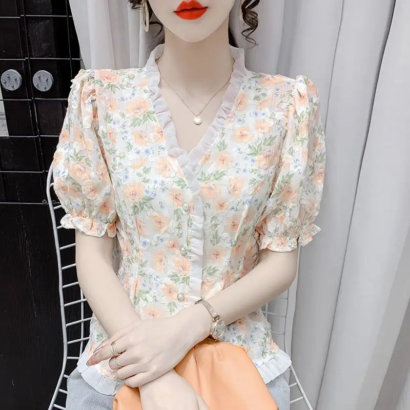 Korean Fashion Single-breasted Blouse 2023 Summer Ruffles Casual Broken Flower Printed Female Elegant V-Neck Gauze Spliced Shirt