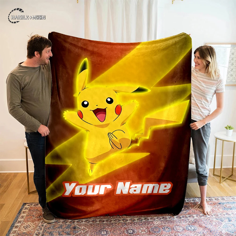 Custom Name Personalized Blanket Pokemon Pikachu Fluffy Soft Flannel Sofa Adult Blanket Office Lunch Break Blanket Kid Gift