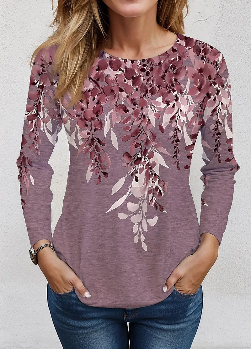 Manga longa padrão floral feminino camisetas casuais primavera outono 3d flor impressão estilo retro feminino camiseta 3xl plus size o-pescoço topos