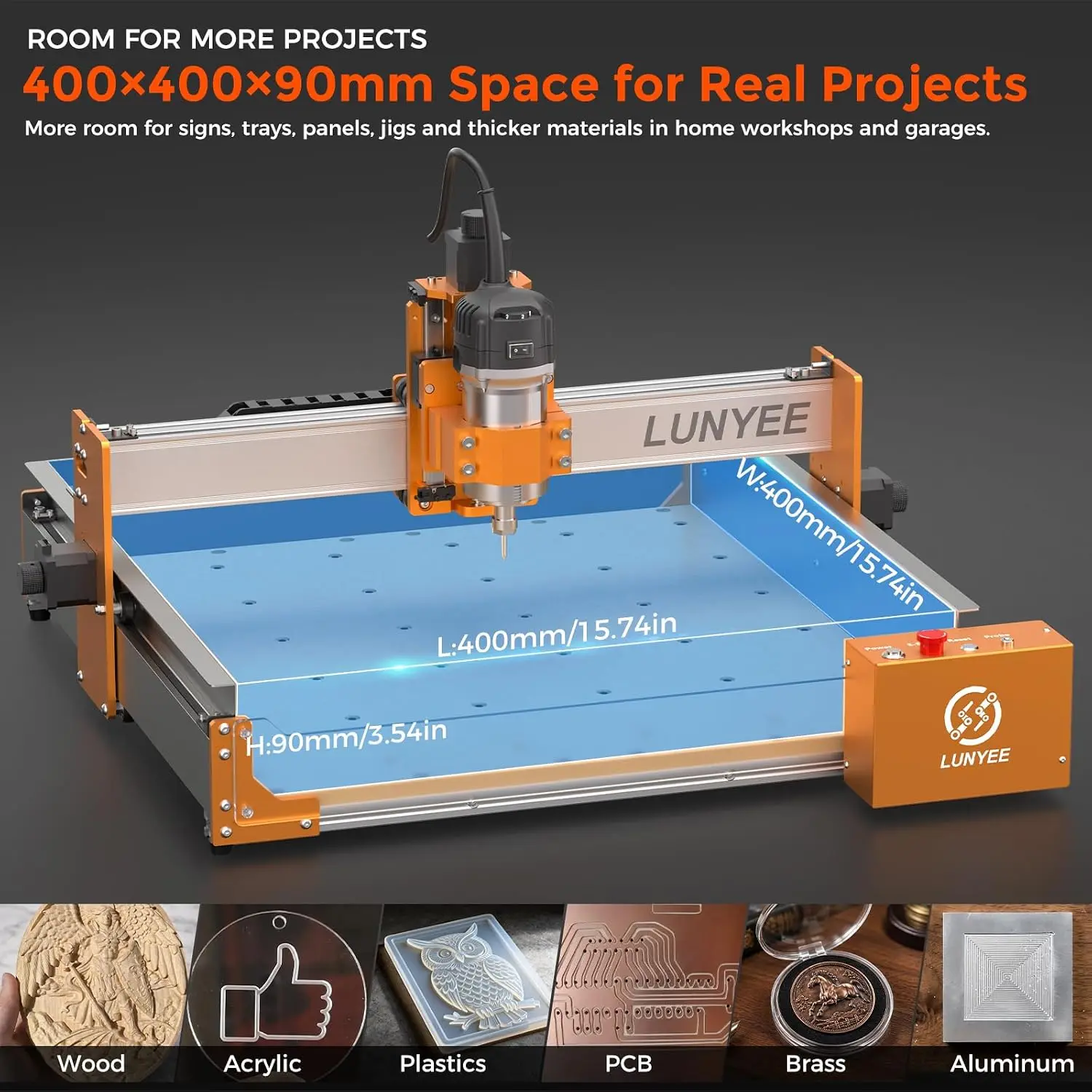 LUNYEE 4040 Pro Max CNC Router Machine with 800W Router, 400 X 400 X 90mm Working Area, Linear Guide Z Axis, Ball Screw Drive, Desktop CNC for Wood, MDF, Acrylic, PCB and Light Aluminum