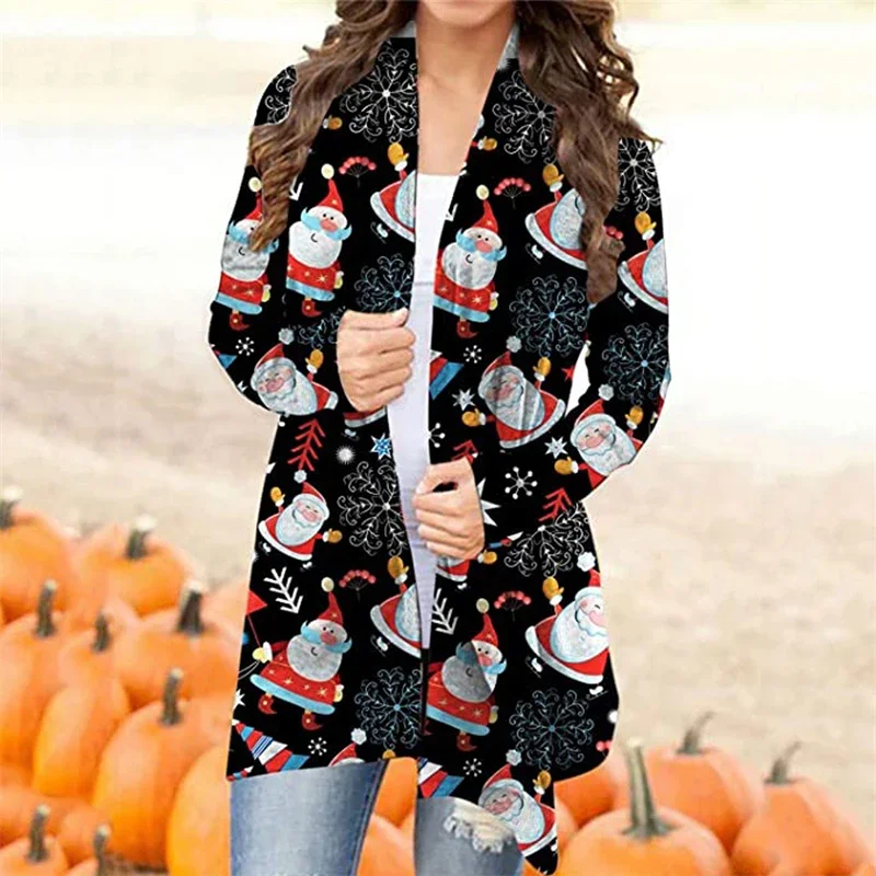 Women\'s Clothing Autumn Winter Fashion Cartoon Print Christmas Outewear Cardigan Jacket Casual Irregular Long Sleeve Tunic Coats