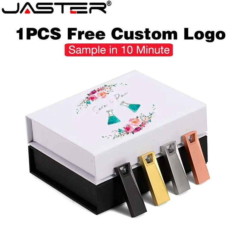 

USB флеш-накопитель JASTER с бесплатным пользовательским логотипом, 128 ГБ, свадебный подарок, USB флеш-накопитель 64 ГБ, металлический USB-накопитель 32 ГБ в коробке, U-диск 16 ГБ с реальной емкостью 8 Гб