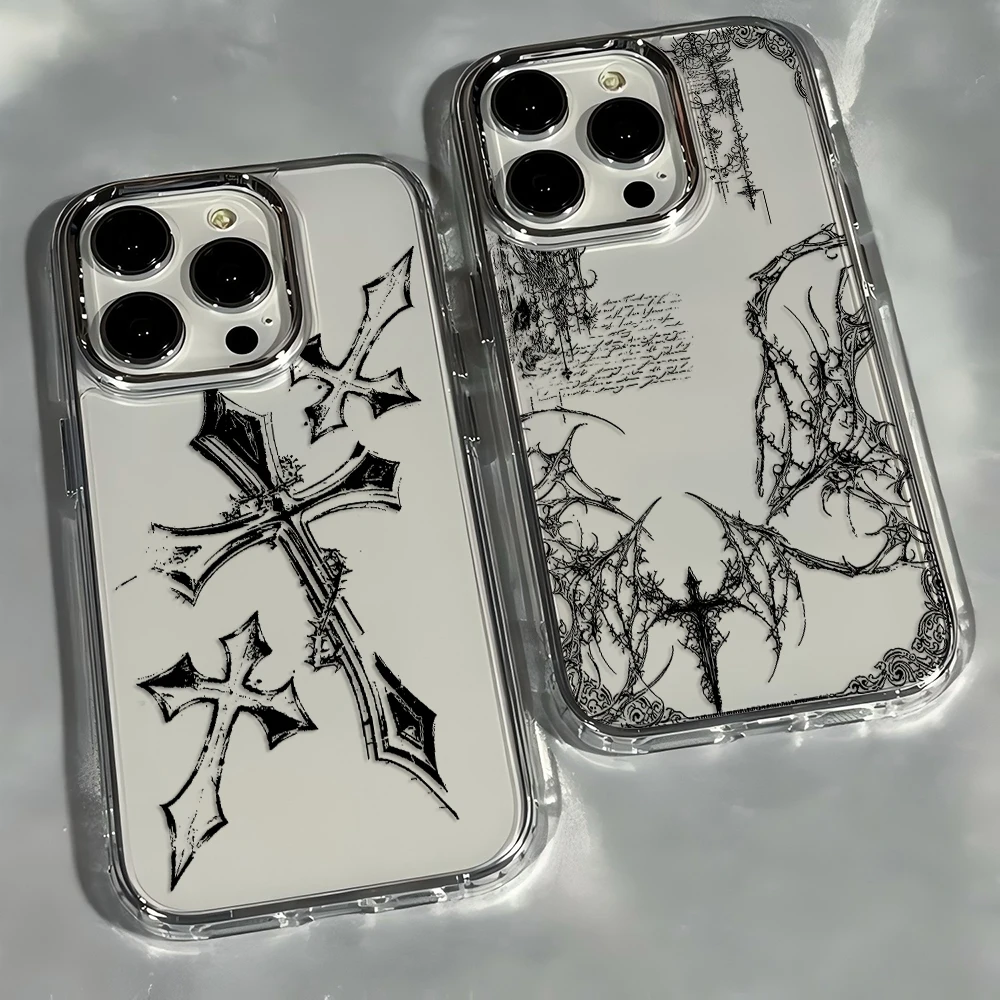 Cool dark gothic cross mark Phone Case For iPhone 17 16e 16 15 14 13 12 11 Pro Max X 8 7 Air Plus Plating Transparent Soft Cover