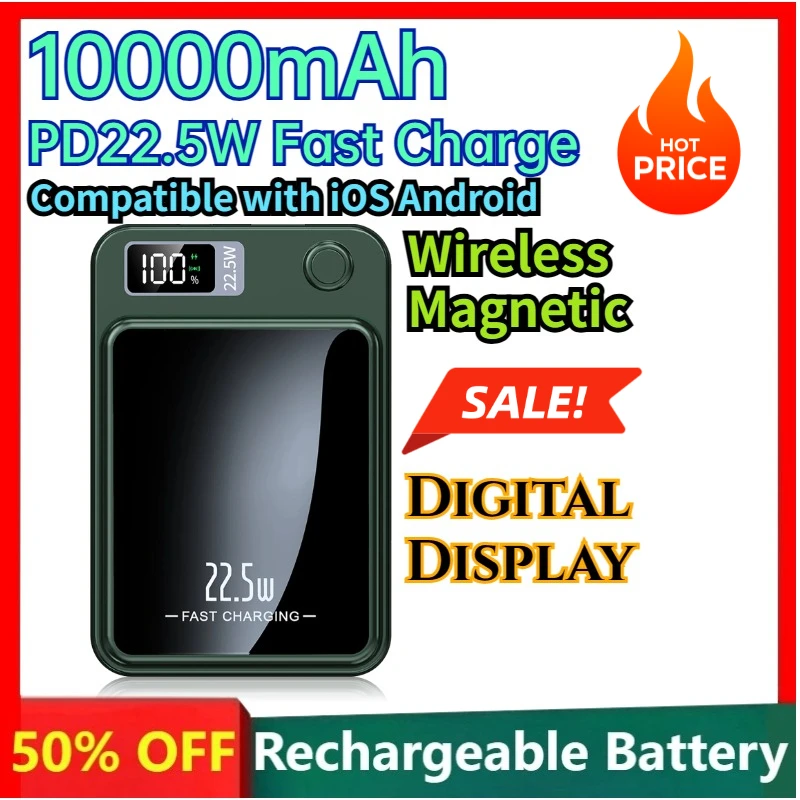 Hot Sale 10000mAh Magnetic Charging Bank Built-in Cables Digital Display Power Bank Compatible with IOS Android