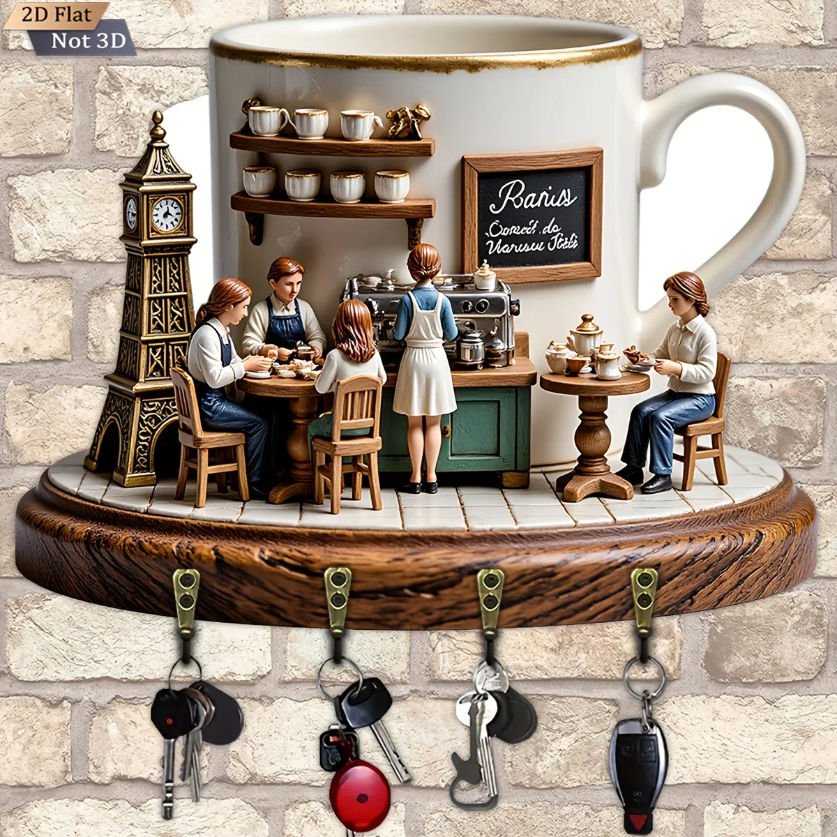 2D Flat, 1pc, Cafe Scene Key Hook Wooden Multifunctional Home Key Holder with Four Metal Hooks, Wall Decoration, Porch