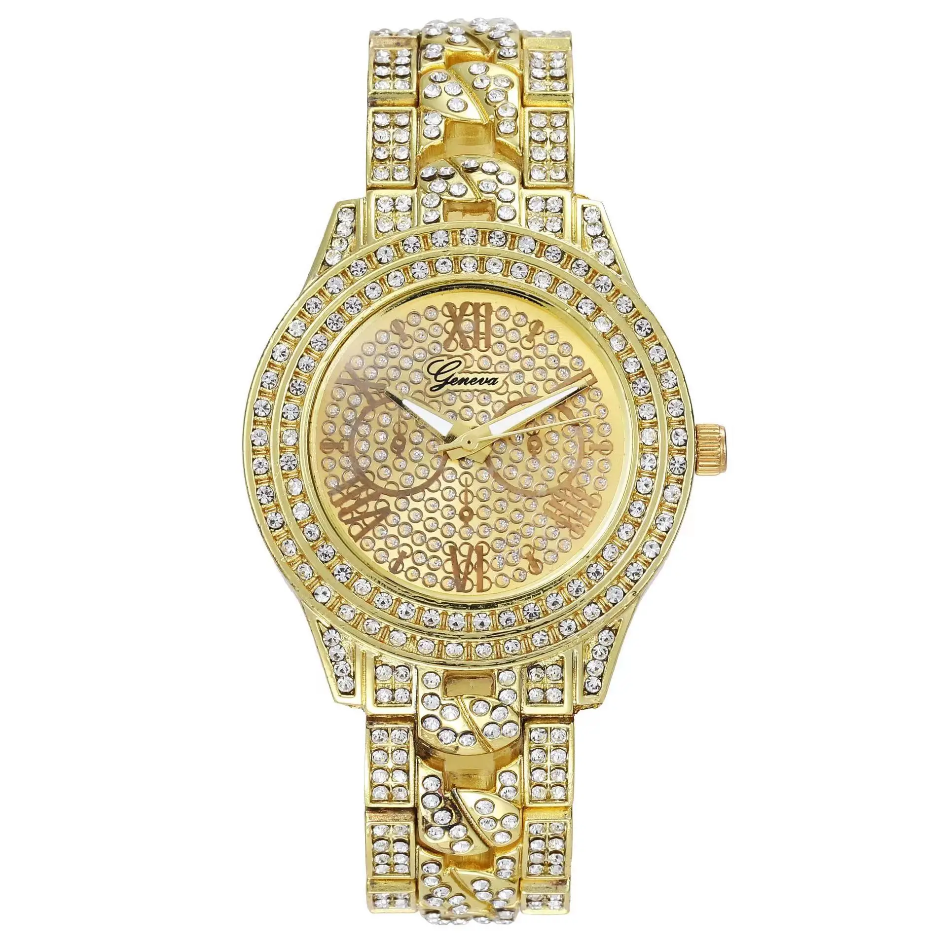 Reloj con incrustaciones de diamantes para hombre y mujer, pulsera de cuarzo con diamantes de imitación romanos de tres ojos, estilo caliente, Geneva