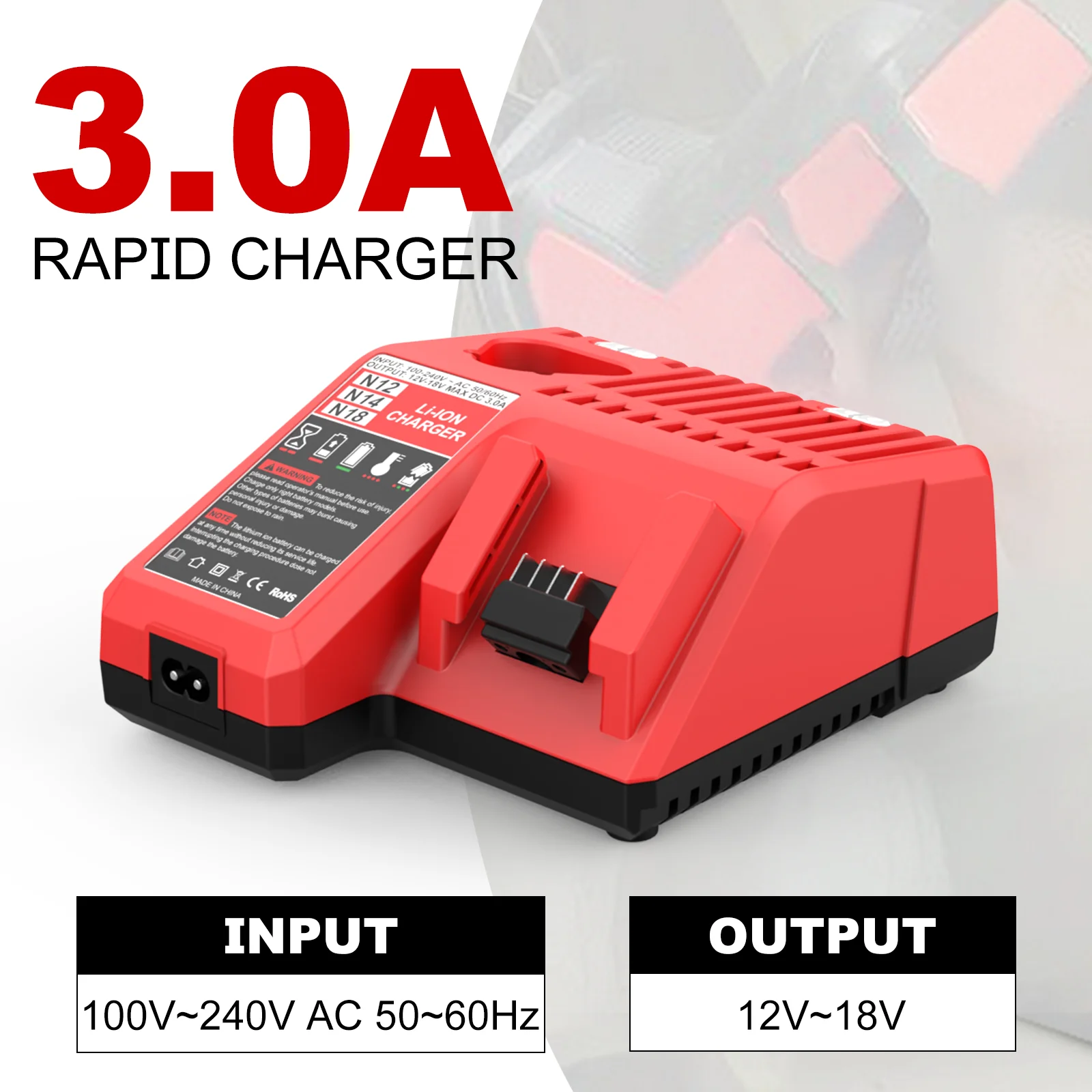 Replace 3A 12V 14V 18V Rapid Fast Li-Ion Charger Fit For Mil-waukee N12-18C Dual Port Multi-Voltage Lithium-Ion Battery