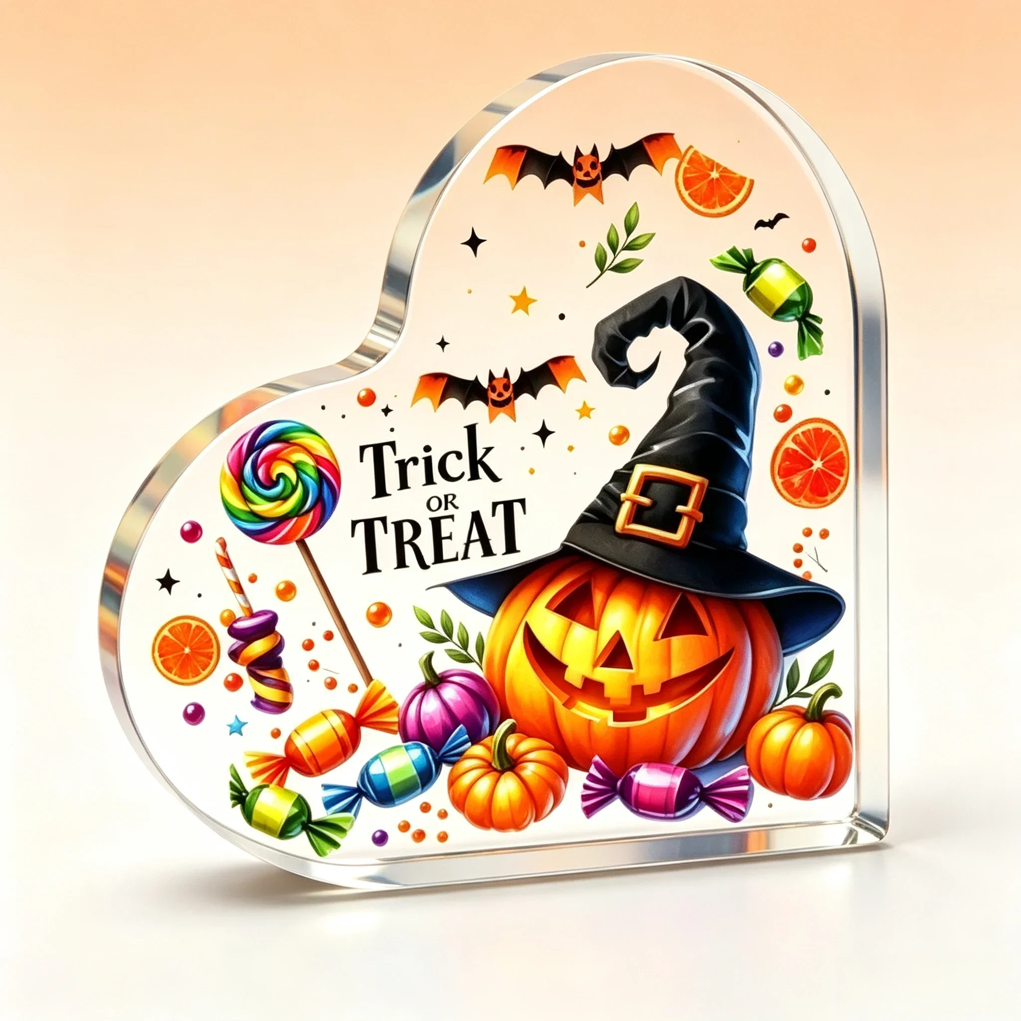 Jack‑O‑Lantern & Colorful Sweets Heart Acrylic Tabletop Sign, Fall Halloween Ornament