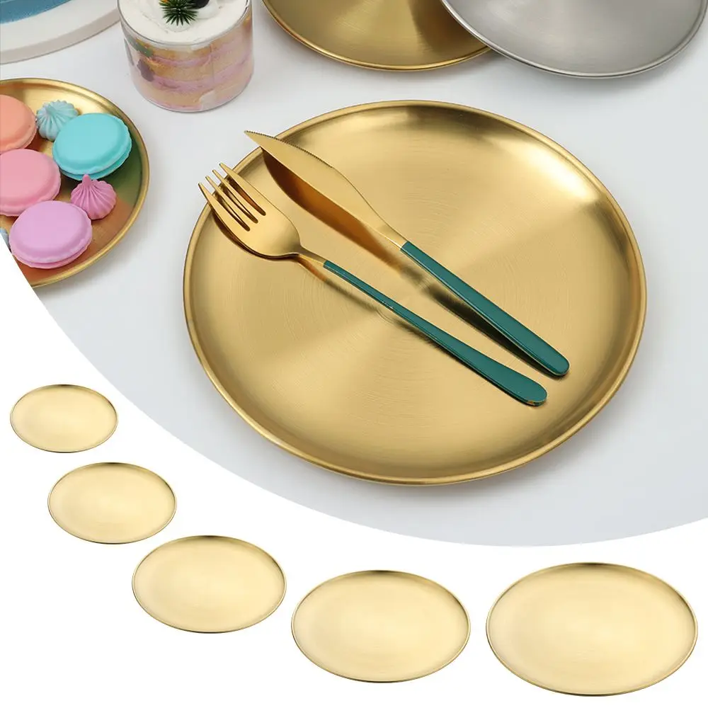 Stainless Steel Fruit Meat Cake Dessert Tableware Shallow Tray Bone Spitting Dish Round Plate Metal Dining Disc