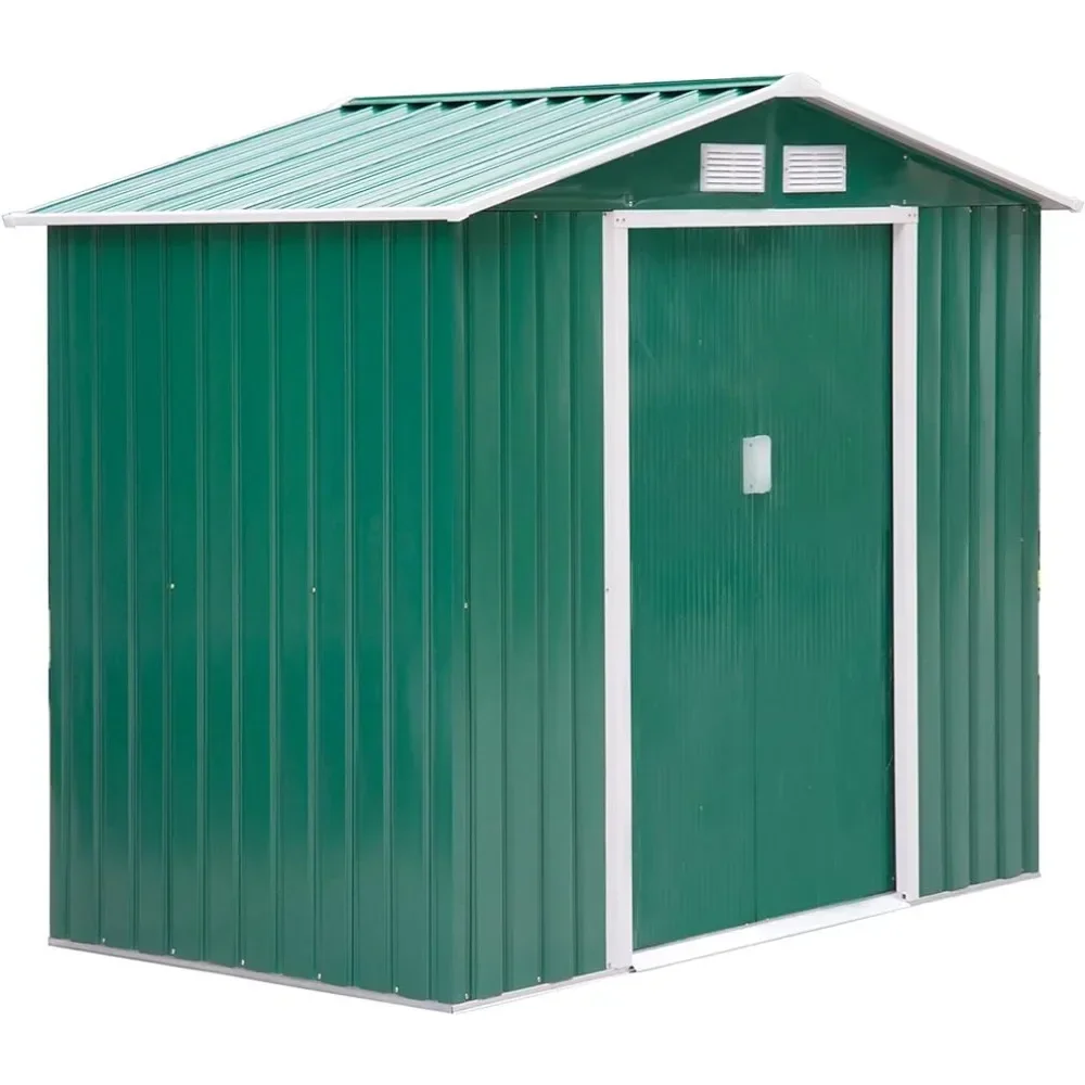 Outdoor Storage Shed, Garden Tool House with Foundation, 4 Vents and 2 Easy Sliding Doors Green, 7' x 4' Storage Shed