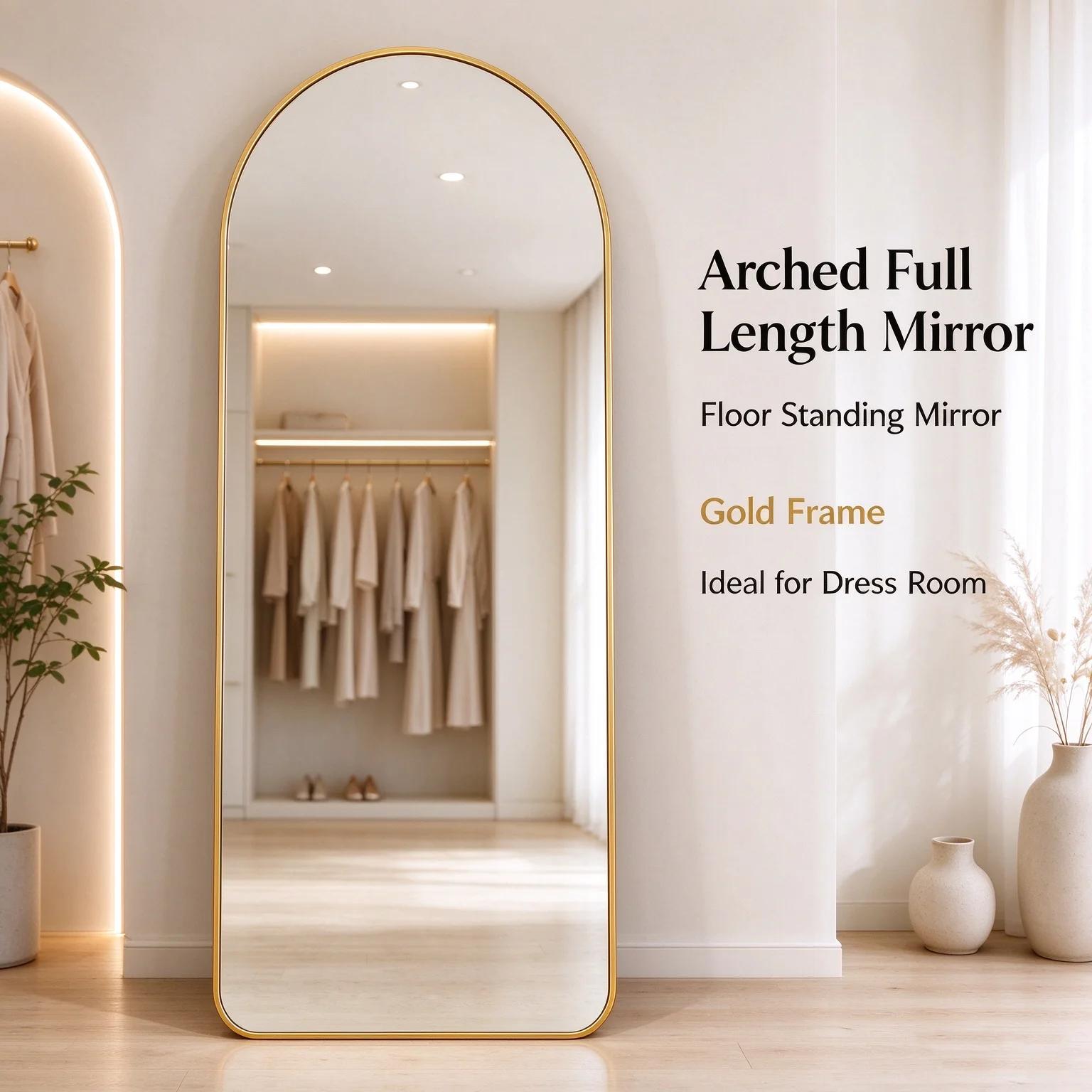 Arched Full Length Floor Mirror Gold Metal Frame HD Explosion-proof Dressing Mirror