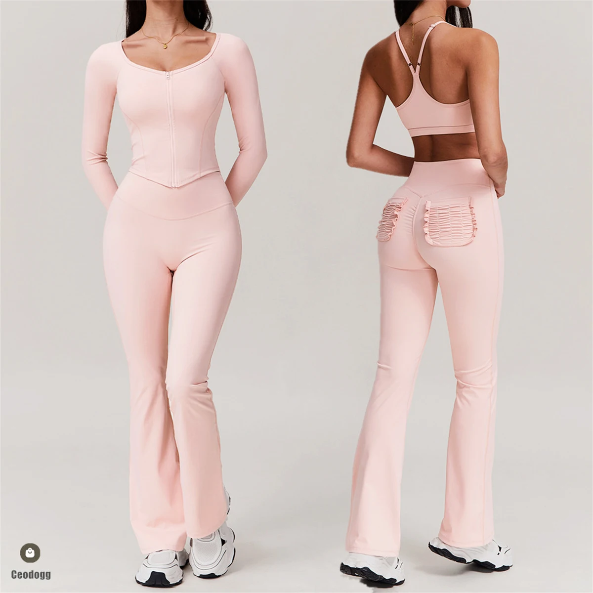 

2PCS Sportswear Women Yoga Set Workout Clothes Sports Gym Flare Legging Fitness Bra Long Sleeve Crop Top Athletic Wear XP20