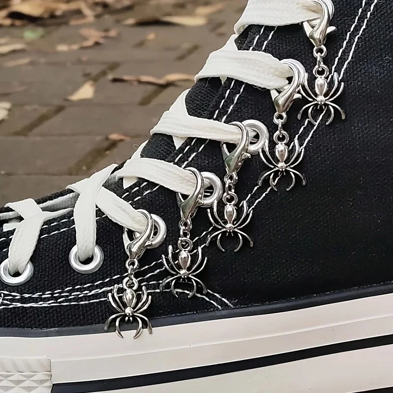 5Pcs Gothic Spider Shoes Charm Silver Metal Lobster Buckle Pendant, Punk Halloween Lace Decoration