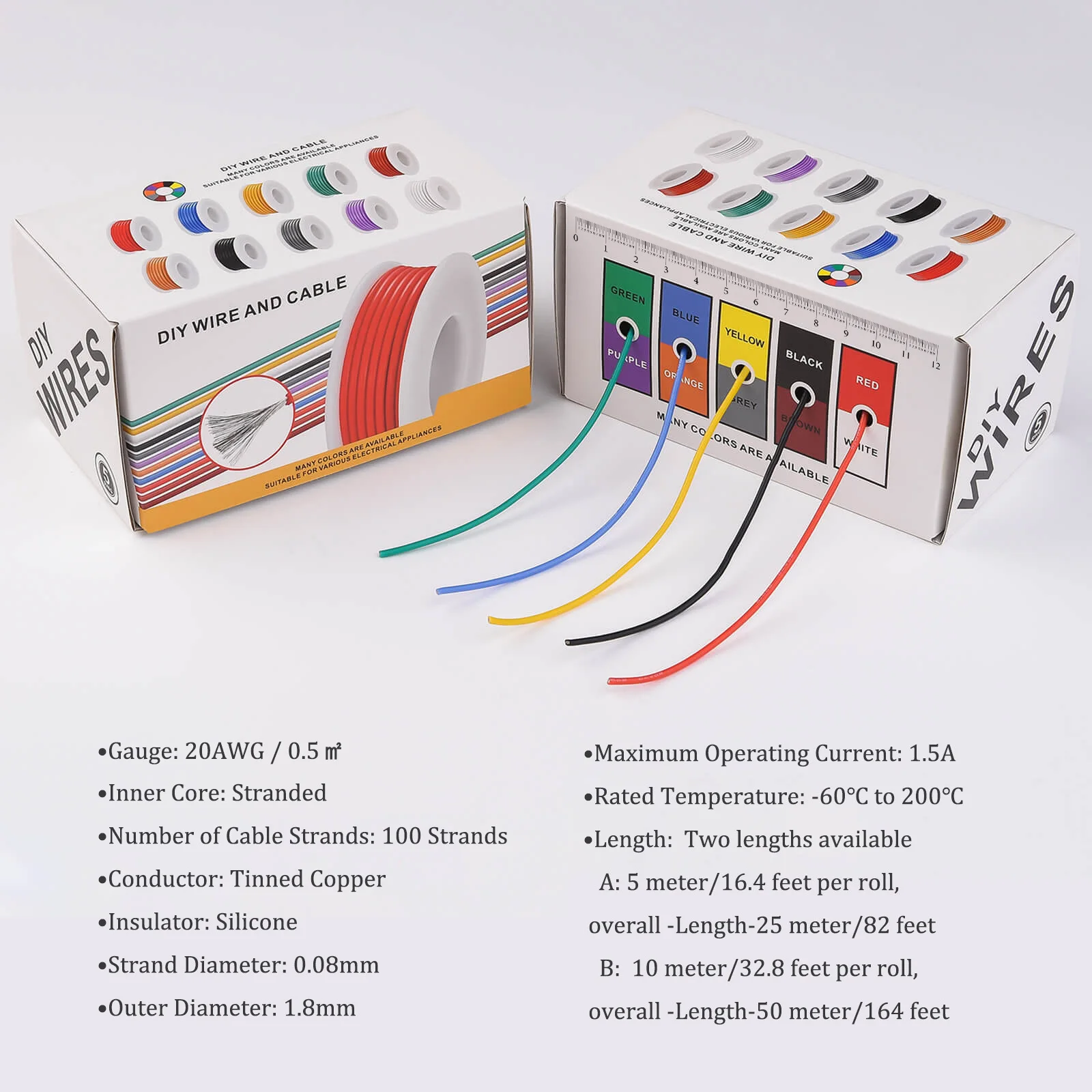 20AWG Electric Wire Flexible Silicone Wires 20 Gauge Stranded Tinned Copper Wire 5 Colors 16.4ft/5m Each or 32.8ft/10m Each